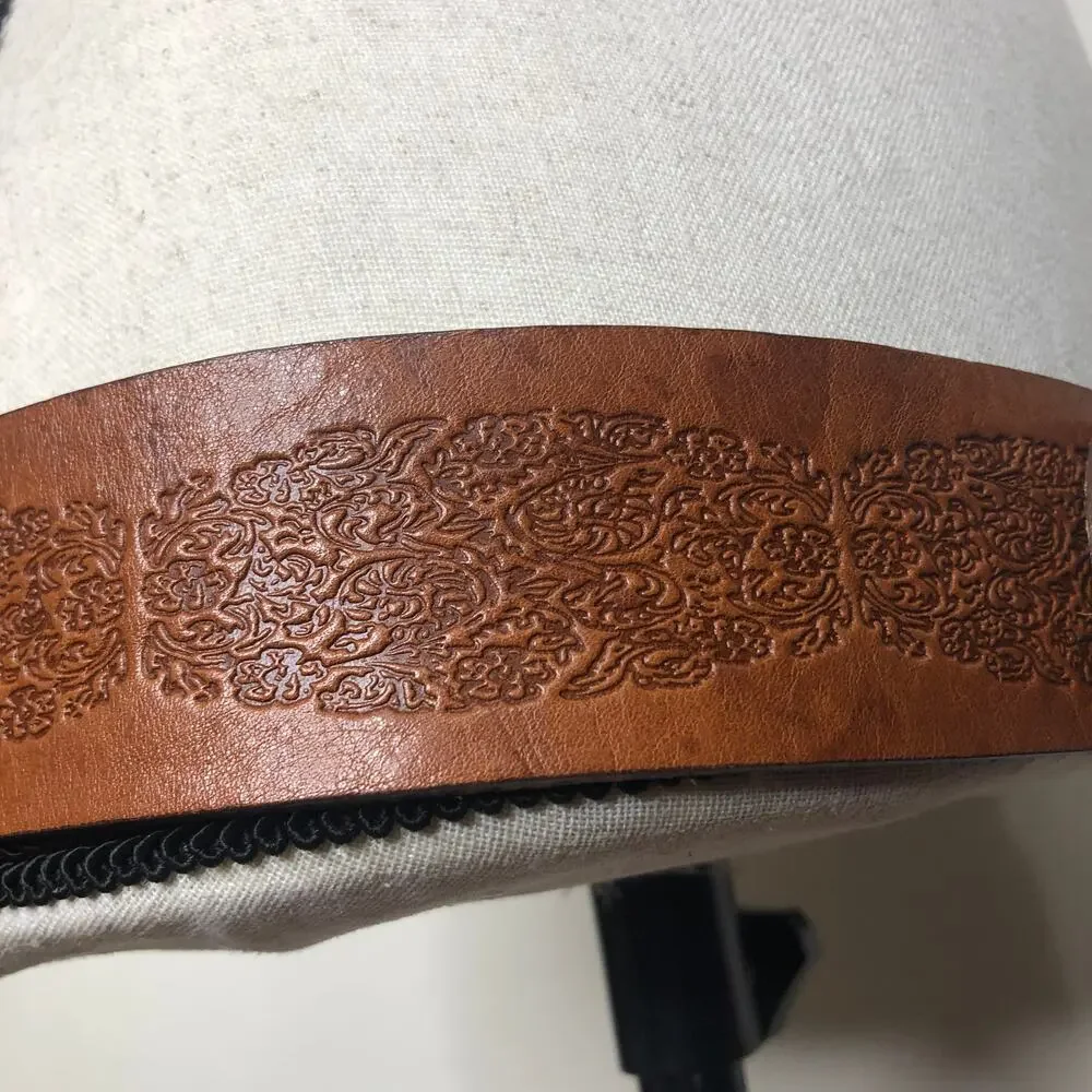 Leather Belt Brown Engraved Floral Vine Wide Italian Leather Medium